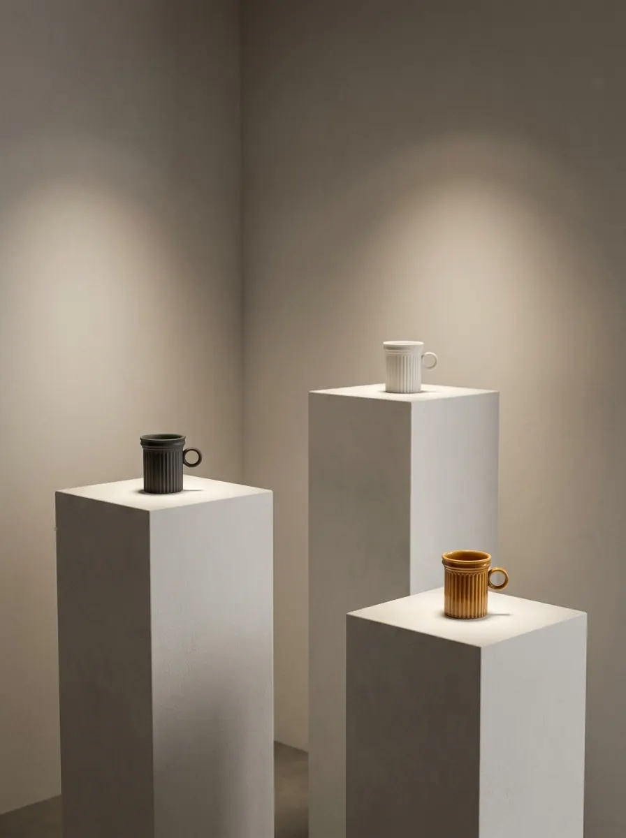 Salle IV : tasses à espresso à colonnes sur trois socles