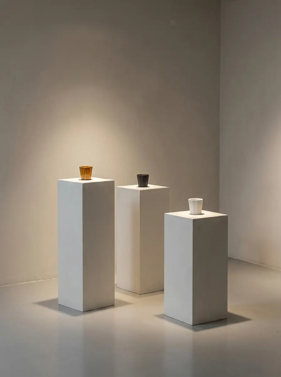 Salle II : tasses à espresso à facettes sur trois socles
