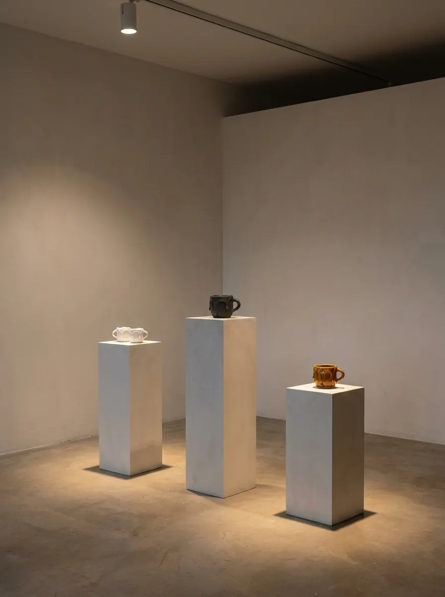 Salle III : tasses à espresso aux formes fondantes sur trois socles